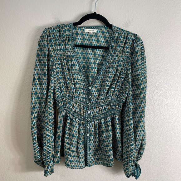 Max Studio Womens Small Geometric V Neck Peplum Blouse Teal White Yellow Shirt - Picture 9 of 13